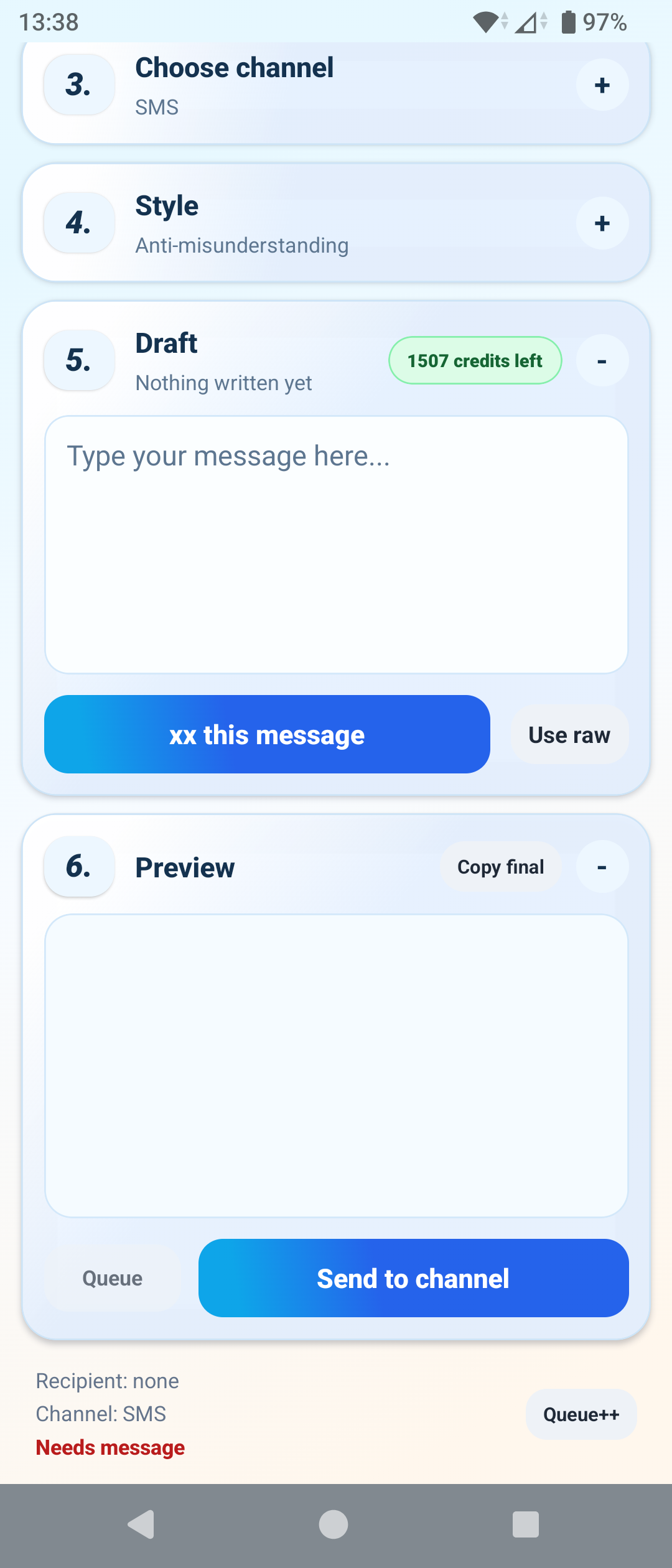 xx-app draft and preview screen with credits, message input, and send-to-channel controls.