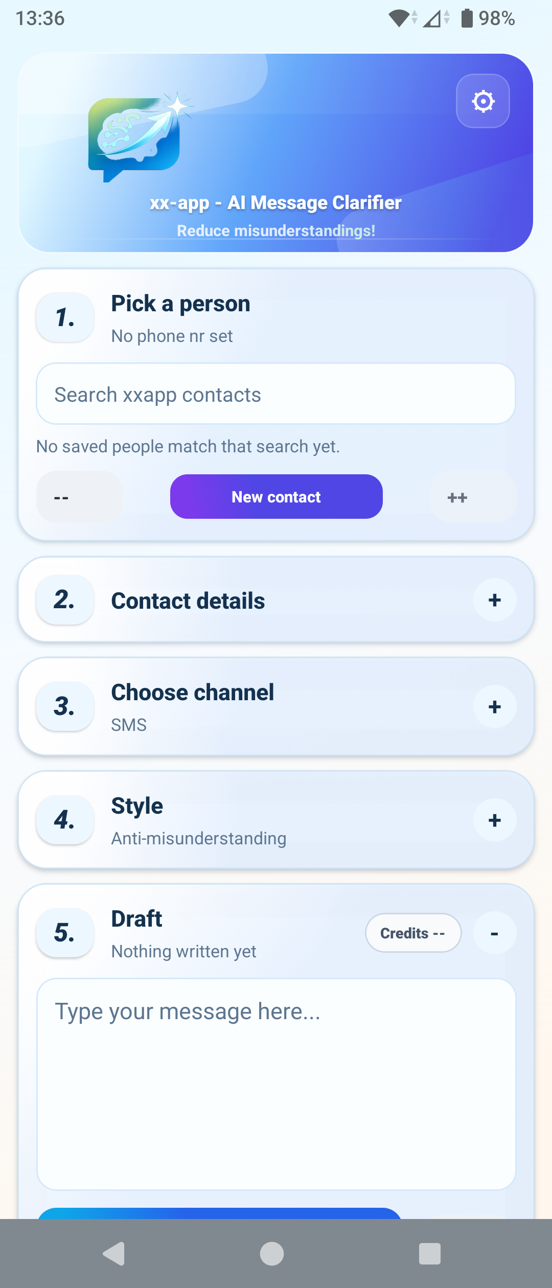 xx-app home screen with the Pick a person, contact details, channel, style, and draft steps.