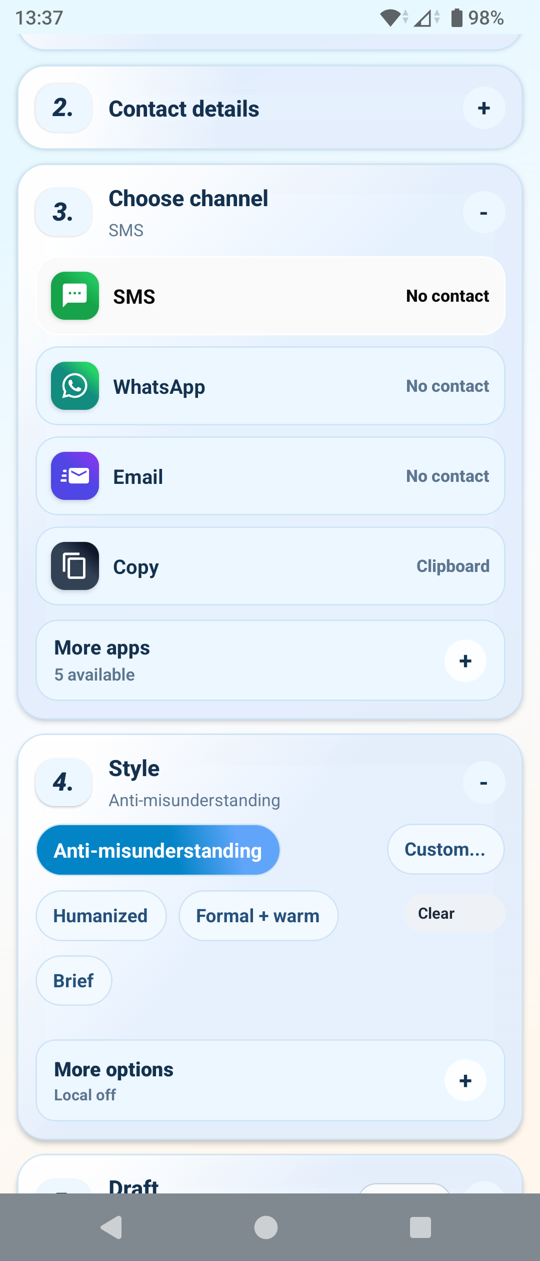 xx-app channel and style settings with SMS, WhatsApp, Email, Copy, and Anti-misunderstanding tone selected.